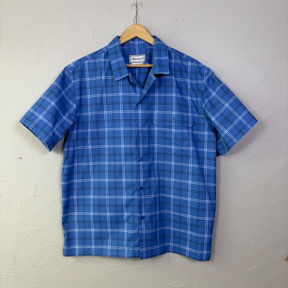 Marmot AirExchange UPF 40 Plaid Button Up Camp Shirt Men Large Blue Short Sleeve